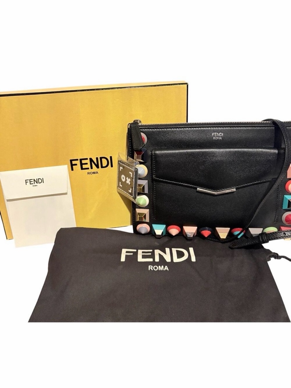 Fendi Vitello Dolce 2Jours Studded Crossbody Black Multicolor Studs w/ COA Box